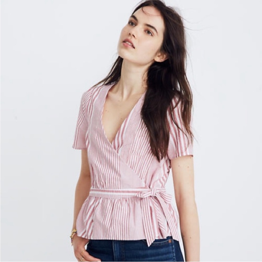 Madewell Ruffle-Hem Wrap Top in stripe | size Large